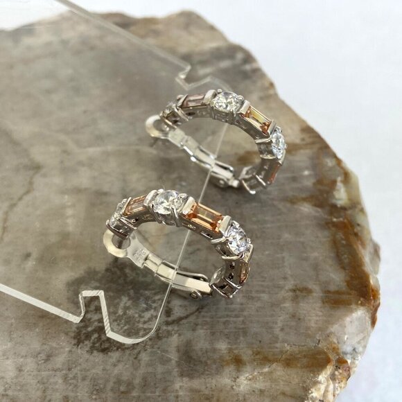 Sterling Silver 925 FAS Cubic Zirconia Hinged Back Hoop Earrings - Picture 1 of 16